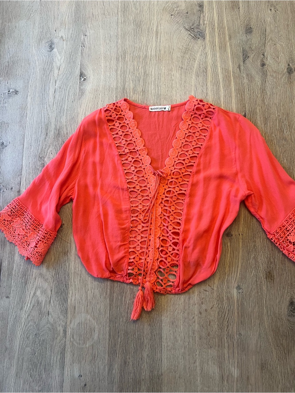 Beach by Exist Coral Crochet Front Tie Boho Top